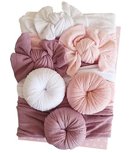 Image of URKEY Newborn Headbands Turban Knotted-Wide Nylon Pom Pom Headwrap for Baby Toddler Infant Girls (Grey+baby Pink+white+burgundy)
