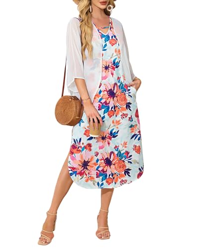 Image of Honwenle Women's Summer Maxi Dress 2 Piece Outfit Sleeveless Loose Split Dresses with Cover up Casual Formal