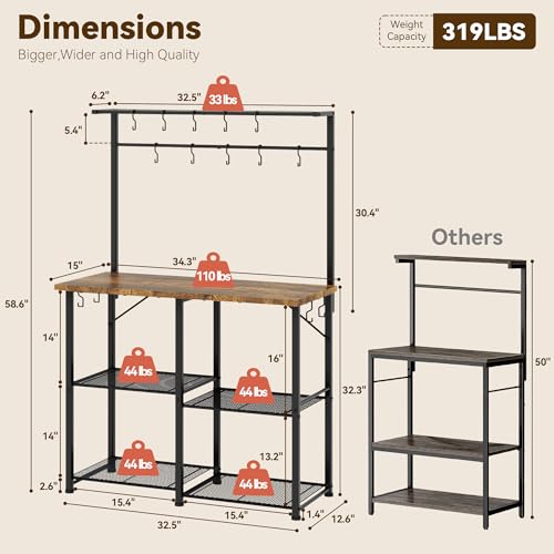 YASONIC Coffee Bar, Bakers Rack with Storage, 34.3 Inches Microwave Stand, 4 Tier Kitchen Shelves Appliance Storage, 14 S Hooks Large Coffee Station for Spices, Pots and Pans, Rustic Brown - Standing Baker's Racks - view 2