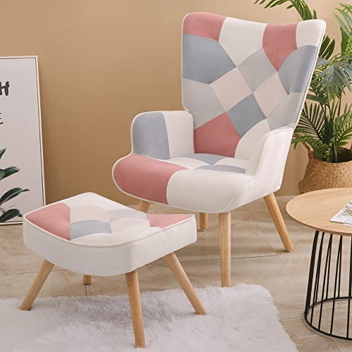 Kgopk Accent Chair With Ottoman, Living Room Chair And Ottoman Set, Comfy Side Armchair For Bedroom, Creative Splicing Cloth Surface, Pink #TOP5