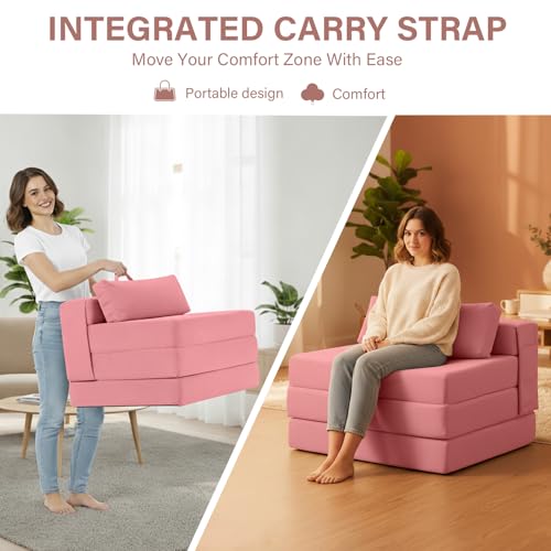 Image of Tiita Folding Sofa Bed Chair, 4-Fold Convertible Sleeper Chair with Lumbar Pillow, Washable Cover & Side Pocket, Floor Couch Bed with Raised Seat, Single Size for Small Spaces, Pink