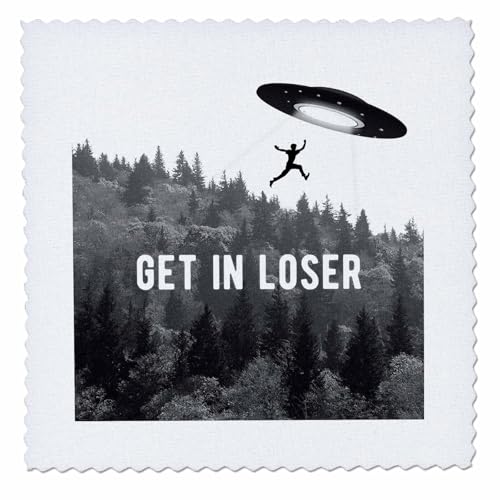 8x8 inch Quilt Square - Get in Loser. Black and White Photo of Tree line with UFO Taking boy. Stamp City - Typography