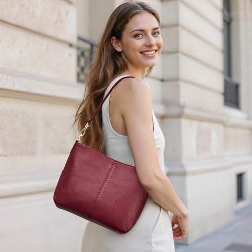 Image of Kattee Leather Crossbody Purse,Handbag Hobo Bag with 2 Straps,Red | Top grain pebbled leather with 2 magnetic pockets and 2 straps for crossbody or shoulder, ideal for work and travel.