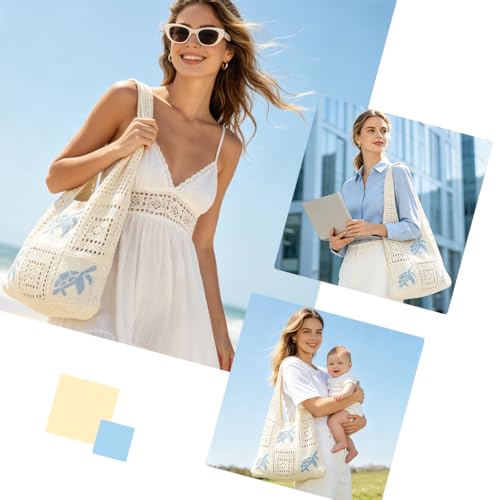 Image of PALAY Crochet Tote Bag Shoulder Bag Floral Hand Bag Hollow Out Bag Casual Tote Bag Multi-Purpose Crochet Travel Tote Bags for Women Office Use, College