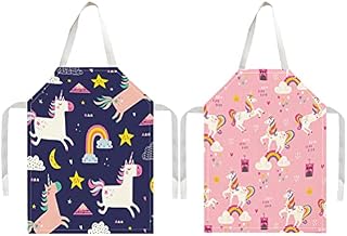 kuou 2 Pcs Kids Cooking Aprons, Adjustable Child Chef Aprons, Linen Unicorn Horse Aprons for Boys Girl's Kitchen Cooking Baking Painting Wear(Pink+Blue)