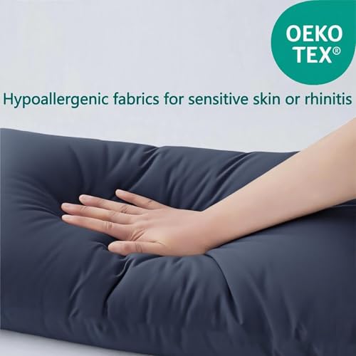 Image of Flat Ultra Thin Bed Pillows Standard Size Pillow Set of 2 Extra Soft Down Alternative for Stomach Back Sleeper Dark Blue 20x26inches