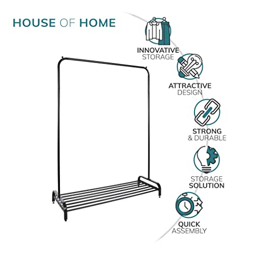House of Home Heavy Duty Metal Clothes Rail with Shoe Rack - 1 Tier Single Rail Wardrobe Replacement - Clothes Storage & Shoe Storage for Shirts, Coats, Jackets & Shoes - Black
