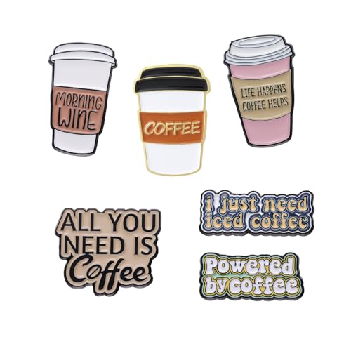 6PCS Coffee Slogans Cups Enamel Pins Bulk, Cartoon Cute Cool Need Coffee Lapel Backpack Hat Pin Set, Decorative Crooches Button for Jeans, Jackets, Bags, Dress, Shoes