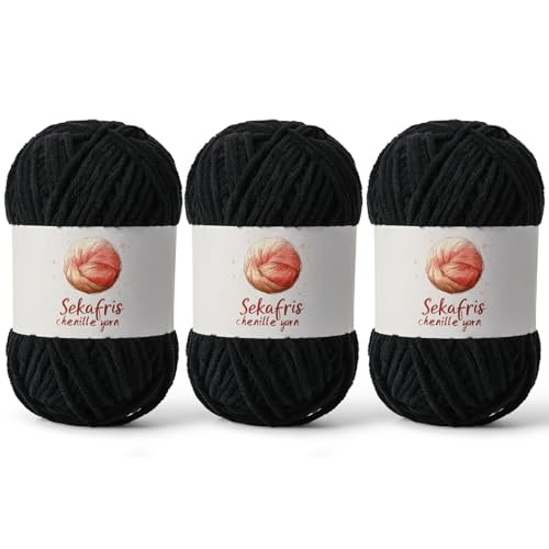 Image of Chenille Yarn for Crocheting, Size 5 Bulky,3 Black | 300g /393yds Soft Chunky Velvet Yarn for Crochet and Knitting,Fluffy Baby Yarn for Amigurumi,Blankets and DIY Crafts.