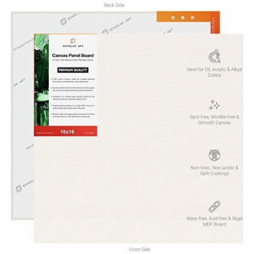 Image of Scholar Art Hobby Series 04 Oz (230 GSM) 100% Cotton Canvas Panel Board for Painting (White Blank Canvas Boards for Acrylic Paint, Oil Paint, Wet & Dry Media) | 16 inchx16 inch (40x40 cm), Pack of 6