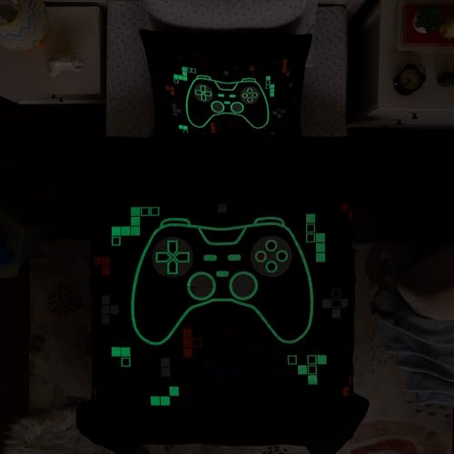 Twin Comforter Set for Boys-5 Pieces Gamer Glow in The Dark Twin Bedding Sets for Kids, Ultra Soft Bed in A Bag with Sheets
