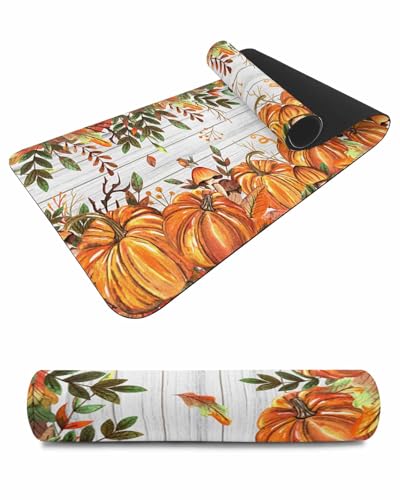 Debedcor Heat Proof Table Pads Waterproof Decorative, Fall Pumpkins Non-Slip Table Countertop Protector, Autumn Eucalyptus Leaves White Wooden Insulation Mat for Dining Room, 48 x 12 Inches