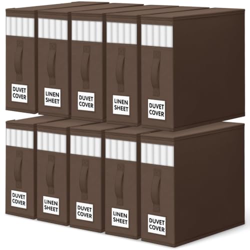 WOWBOX Sheet Organizers and Storage,Closet Bed Sheet Organizer Under Bed Storage and Organization with Label Cards & Clear Window for Bedding Sheets,Duvet Covers,Blankets (10 Pack，Brown)