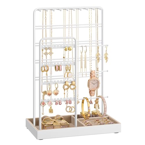 SONGMICS Soporte para Joyas, Organizador de Joyas, Expositor de Joyas, Marco de Metal, Bandeja de Terciopelo, para Collares, Pulseras, Anillos, Regalo, Blanco Mate JJS028W01