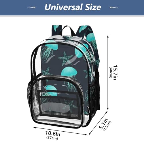 Boys Backpacks for Girls Teal Jellyfish Starfish Sea Black Clear Bag for Women Travel Approved See through Bag4