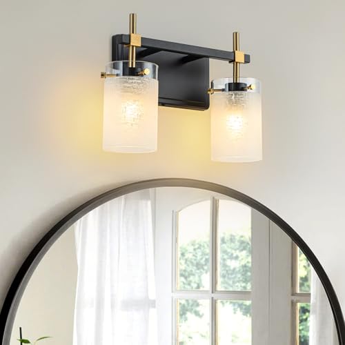Image of 2-Light Modern Bathroom Vanity Light,Black and Gold Light Fixtures for Bathroom,Modern Wall Light Over Mirror with White Linen Frosted Glass E26 Socket (Bulbs Not Included)