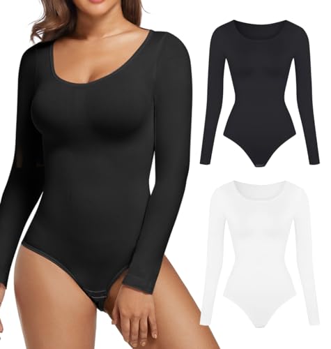 SHEKINI Body moldeador sin costuras para mujer, cuello redondo, manga larga, control de abdomen, leotardo adelgazante, Blanco Negro +, S
