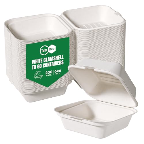 Turbo Bee 200 Pack 6x6inch White Take Out Containers with Lids, Small Disposable Clamshell Food Containers for Lunch, Sides, Snacks, Restaurant, Catering & Food Service