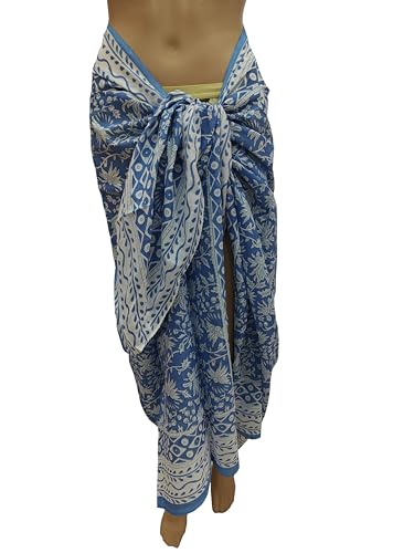 Rastogi Handicrafts 100% Cotton Block Print Sarong Swimsuit Wrap Cover Up Long Women’s Apparel Fabric (73" x 44") Blue 2