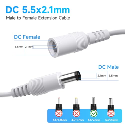 2 Pack 33ft/10M Power Extension Cable, 2PCS DC 12V Power Adapter Extension Cord 2.1mm x 5.5mm, Compatible with 12V DC Adapter Power Supply or Wall Charger for CCTV Security Camera IP Camera(White)