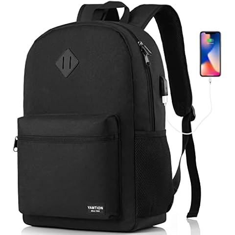YAMTION Black Backpack for Women Men,Casual School Backpack Teen Boys and Girls 15.6 Inch Laptop Bookbag with USB Charger for College High School Travel Business Cover