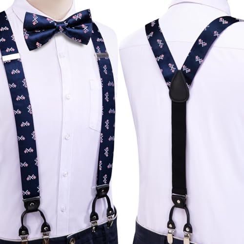 Image of Hi-Tie Men Suspender Bowtie Set Suspenders Pre-tied Bow Tie Pocket Square Cufflinks Adjustable Y Shape 6 Clips Braces Tuxedo