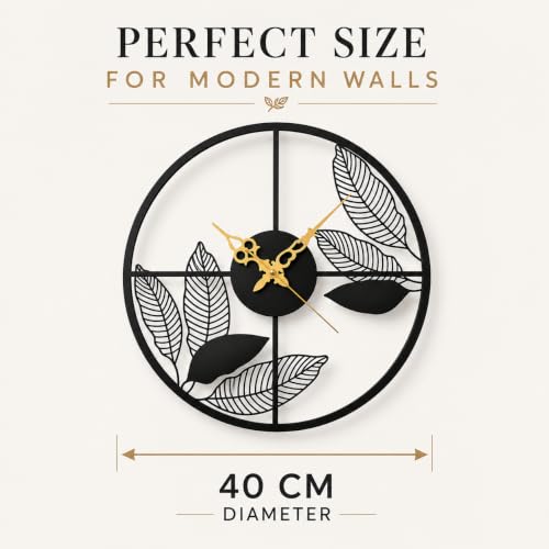 Image of 40 cm Leaf Metal Wall Clock, Black | Silent Non-Ticking, Skeleton Design, Modern Iron Analog, For Living Room, Bedroom, Hall, Office & Home Decor