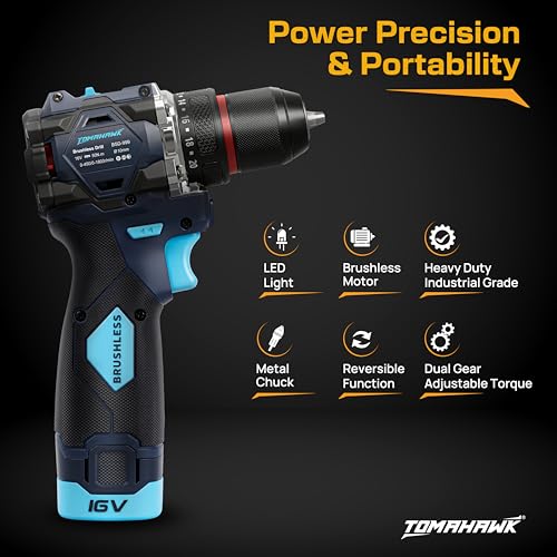 Image of Tomahawk BSD-999 16V Brushless Cordless Drill Machine & Screwdriver Kit for Home | 10mm Keyless Chuck | 2-Speed 450 /1800 RPM | 50 Nm, 20+1 Clutch | 2 x 2.0Ah Batteries + Charger