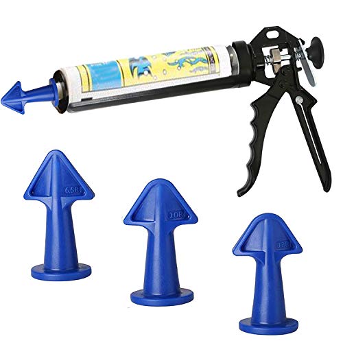 Caulk Gun with Caulk Nozzle Applicator, Heavy Duty Caulking Gun,16:1 Thrust Ratio for standard Caulk tubes, Caulking Tools Kit, Silicone Sealant Finishing Tool for Tile Brick Joints (blue)
