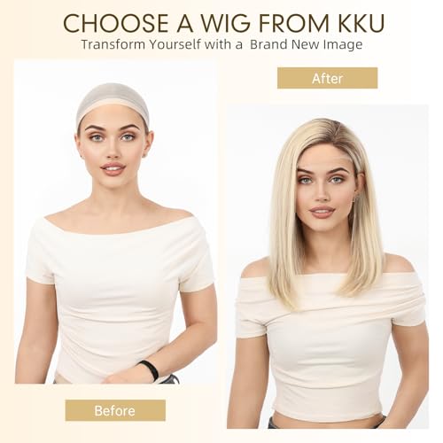 Image of KKU 100% Human Hair Wig, Lace Front Wigs Human Hair Side Part,Dark Brown with Blonde Wig Human Hair, Real Human Hair Wigs for Women(16Inch)