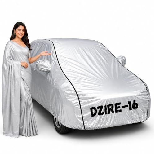 Image of Waterproof Car Body Cover for Dzire 2012-16 All Weather Protection Comes with Inner Cotton Lining & Triple Stitched with Mirror & Antenna Pocket Belt & Elastic Fit Metallic Silver with Black Piping1