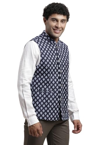 Image of Turtle Men Poly Cotton Blue Printed Party Nehru Jacket