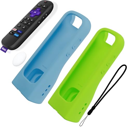 Image of GripStand by 73&Sunny Silicone Remote Cover for Roku Voice, Stand Up Design, Enhanced Grip, Compatible with TV Streaming Stick Plus 2025 4K /HD /HDR, Fits AirTag & Tile Mate, 2-Pack Lime + Sky Glow