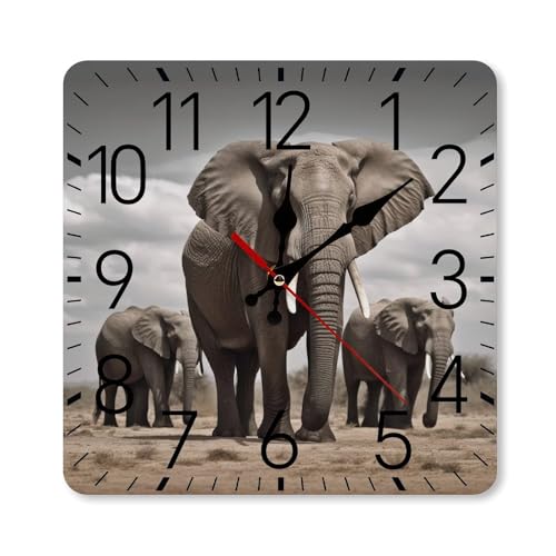 GHBNK Horloge murale personnalisée en forme d'éléphant africain silencieuse, sans tic-tac, 24 cm, petite horloge numérique carrée décorative classique pour...