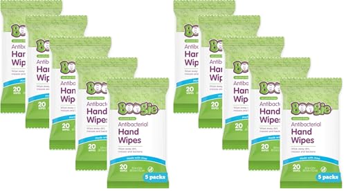 Image of Boogie Antibacterial Hand Wipes by Boogie, Alcohol Free, Hypoallergenic and Moisturizing Aloe, for Kids and Adults -100 Total Wipes (10 Packs of 20)