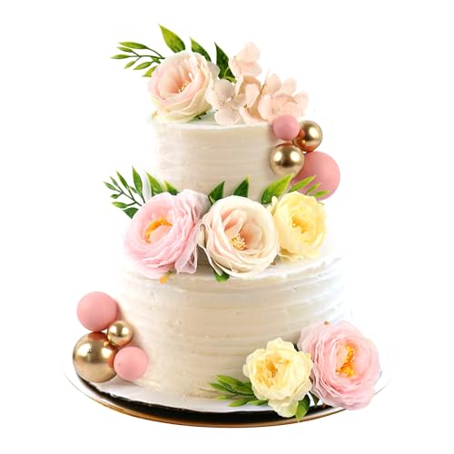 Blumomon Artificial Flowers Fake Flowers Cake Topper Pink Balls and Gold Balls DIY Cake Decoration Birthday Party Baby Shower Be Engaged Party Decorations Supplie