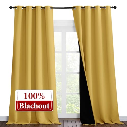 Image of NICETOWN 100% Blackout Blinds, Laundry Room Decor Window Treatment Curtains for Large Patio Sliding Door, Thermal Insulated Bright Yellow Curtains for Bedroom, Set of 2, 55 inches x 102 inches