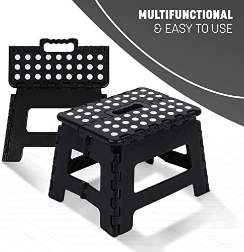KEPLIN 9 Inch Heavy Duty Folding Step Stool | Non-Slip Foldable Footstool for Toddlers, Children & Adults | Portable, Lightweight Plastic Footstep w/Carrying Handle for Indoor or Outdoor (Black)