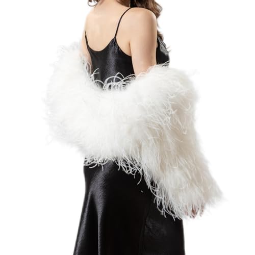 LVCOMEFF Women Natural Ostrich Feather Shawl Shrug Boa Long Sleeve Furry Fluffy for Wedding Party Luxury Dress Wrap Elegant - Main Image
