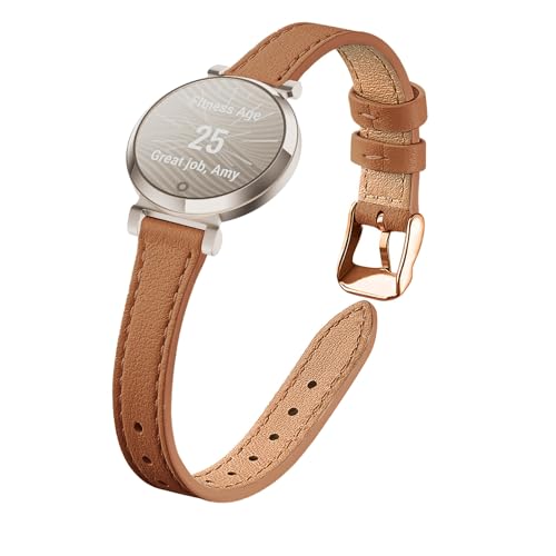 TUV PLNT Slim Leather Band for Women Top Grain Genuine Leather Strap Thin Watch Wristband(Brown/Rose Gold garmin lily 2 active)