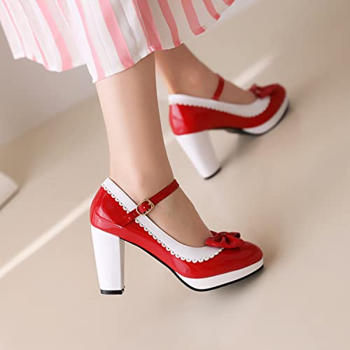Betastella Women's 1950s Rockabilly Shoes Chunky Mary Janes Platform Patent Leather Block Heel Ankle Strap Pumps Cute Bow Cosplay Shoes4