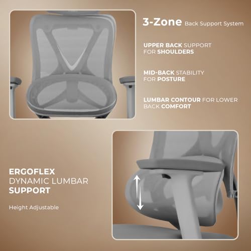 Image of Kepler Brooks Vogue Premium Office Chair for Work | 3-Yr Warranty | Ergonomic Office Chair, Study Chair, 2D Headrest, 3D Arms, Multi Lock Seat Slider with Heavy Duty Metal Base (Grey)