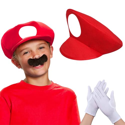 Disfraz Mario Bros 75 SEMINISMAR Gorra Mario Bros,Disfraz Mario Y Luigi Bros,Accesorios Mario Classic con Guantes,Bigote Y Gorra De Mario Y Luigi,Luigi Gorra,Gorra Bros,Bros Cosplay,Classic Cap Bros,con Bigote