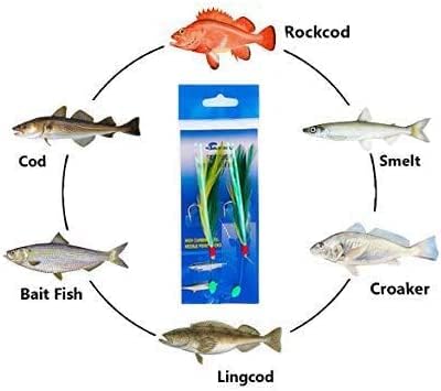 Rock Cod Feather Rigs 5/0, 10 Packs Green/Yellow for Deep Drop Fishing, Ideal for Rockfish, Lingcod, and Bottom Fishing