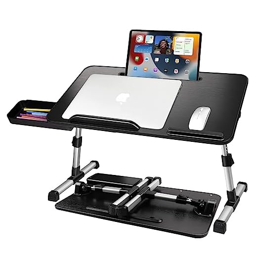 AirOpen Tavolino da Letto, Regolabile in Altezza e Angolo, Vassoio da Letto con Cassetto e Supporto per Tablet, Tavolo da Letto, Divano, Pavimento (53x30cm, Nero)