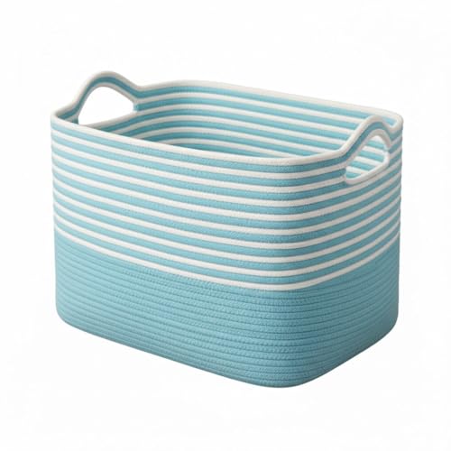 Image of Large Storage Basket, Woven Blanket Basket, Toy Basket with Handle, Laundry Hamper for Living Room, Nursery, Bedroom- 20x15x12 (LXWXH) (sky blue mix)