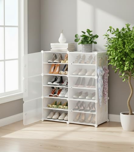 Image of KRISHYAM DIY Shoe Rack Organizer with 6 Doors | 24 Pair Capacity | 12-Shelf Portable Shoe Storage Cabinet for Boots, Shoes & Slippers | Entryway, Closet & Bedroom Organizer - White (Polypropylene)