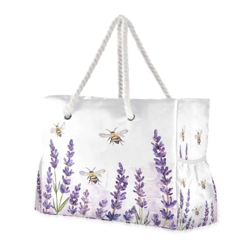 Lavander Flowers and Bee Beach Bag & Travel Tote Bag Large Sandproof with Zipper Closure, Wet Pouch for Swim Gym Travel, Lightweight Foldable Outdoor Bag