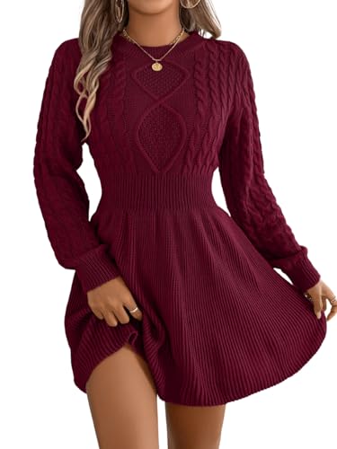 ChiaoLezhee Women's Short Sweater Dress, Cinched Waist Long Sleeve Crewneck