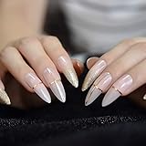 CoolNail Beige Nude Glitter French Stiletto Press on False Nails Extra Long Natural Sharp Poited Gold Cross Line UV Gel Fake Fingers Nail